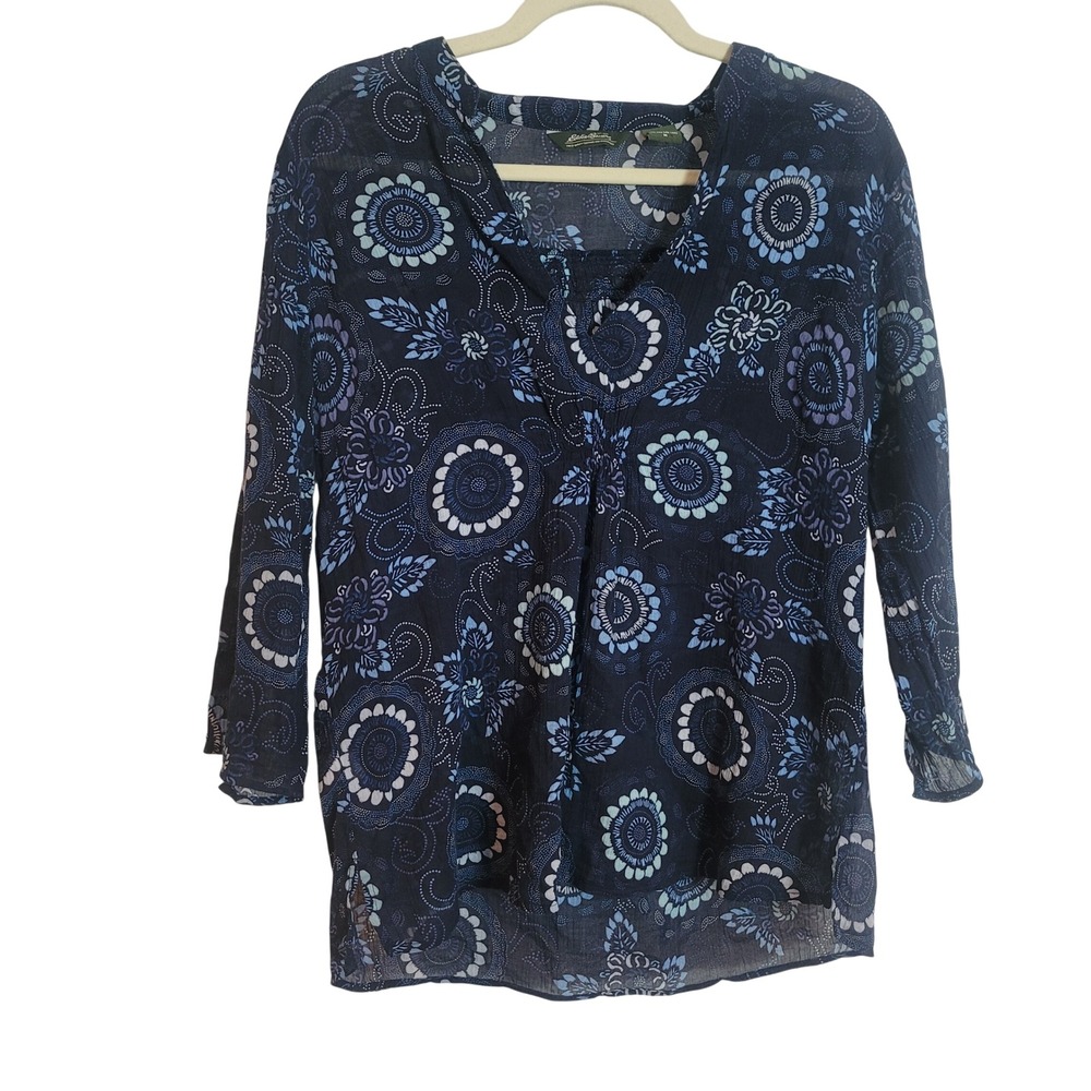 Eddie Bauer Blue Floral Cotton Gauze Top Womens Medium 3/4 Sleeve Lightweight